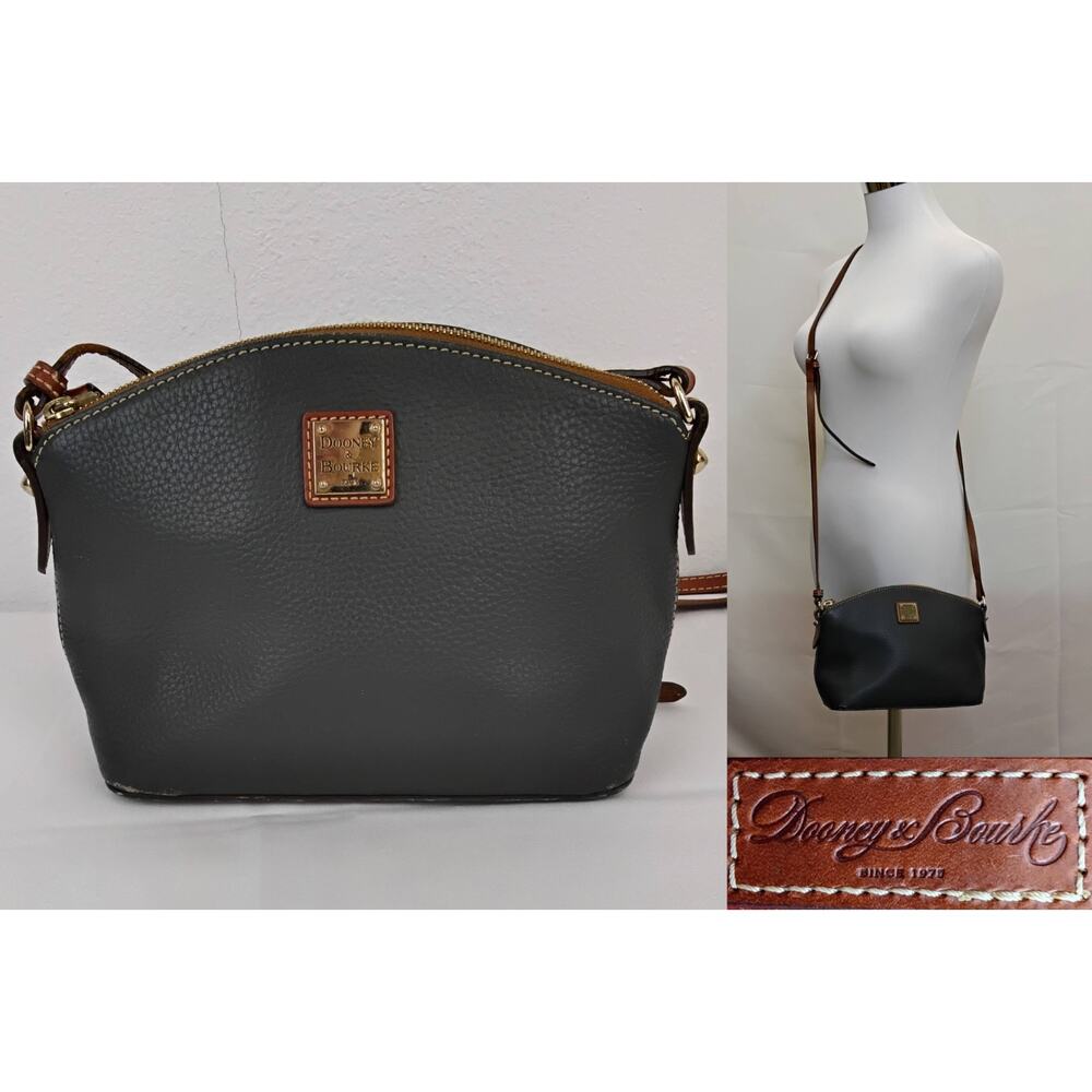 Dooney & Bourke Domed Crossbody Bag Gray Leather Purse Brown Strap Gold #J4463